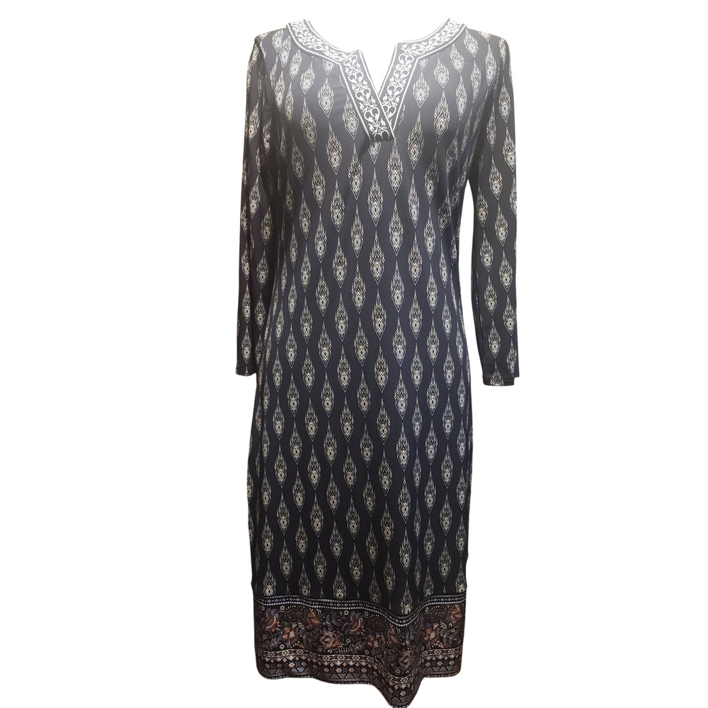 Magnolia Grace Navy Blue Ikat Print Split Neck Sheath Dress Size Small